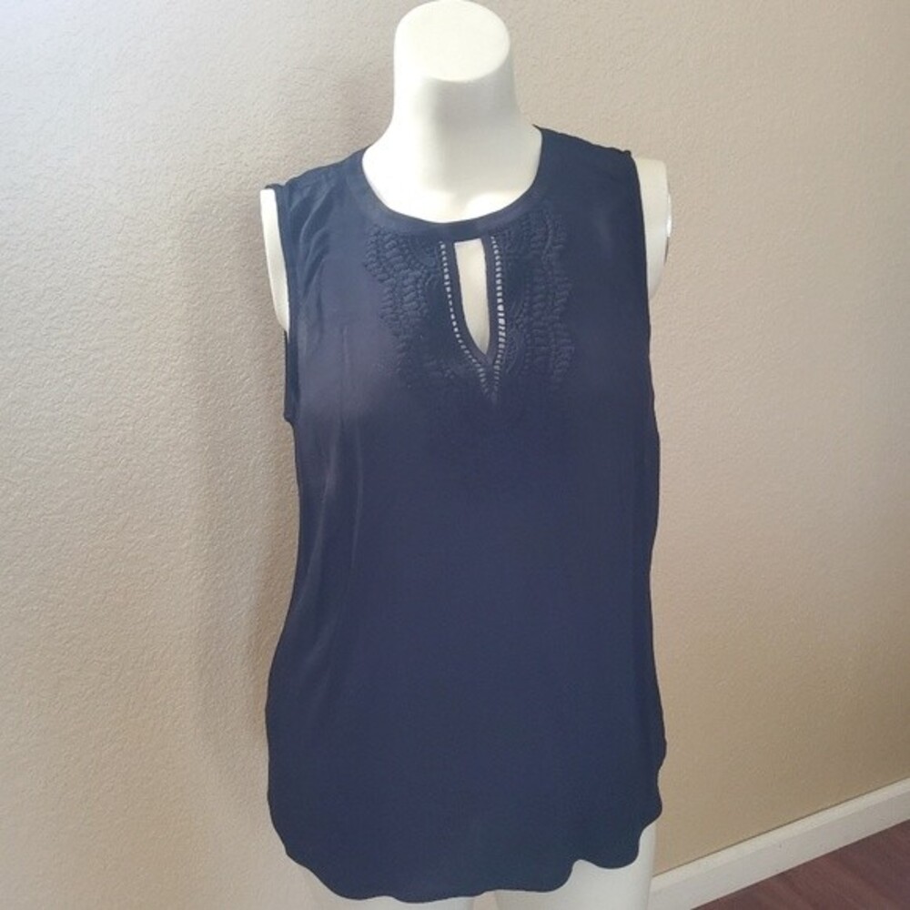 Daniel Rainn Quin Keyhole Chrochet Sleeveless Tunic Knit Top L Black